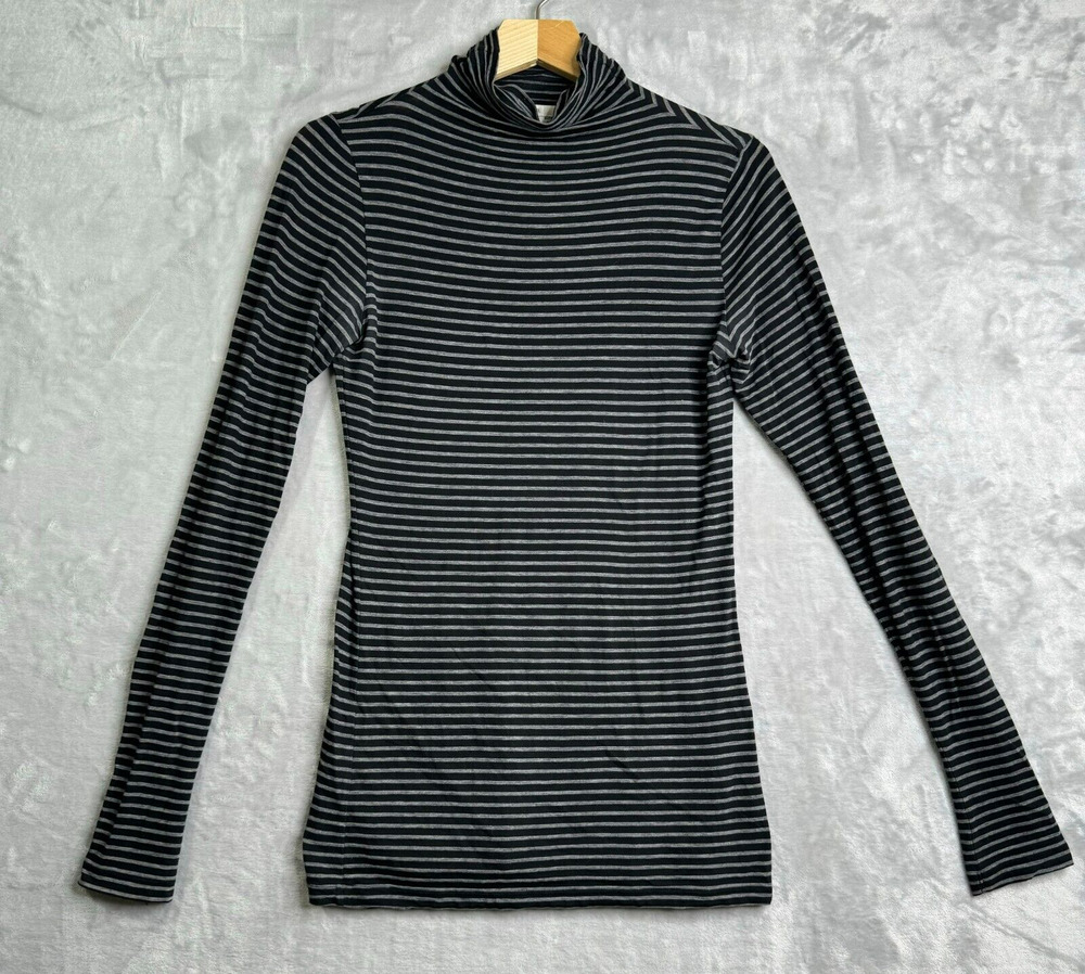 VINCE Top Womens Medium Black Gray Stripe Cotton Blend Knit Mock Neck Thin Knit